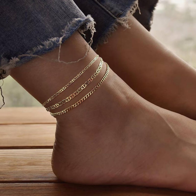 MIDEEO Gold/Silver Ankle Bracelets for Women,14K Gold Anklets for Women Waterproof Cuban Link Heart Beads Herringbone Rhinestone Anklets Set Layered Anklet Bracelets for Women Gold Jewelry Gift - Image 3
